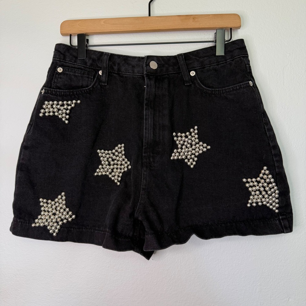 Francesca's Harper Heritage - Black Wash Denim Shorts Studded Stars Size 29